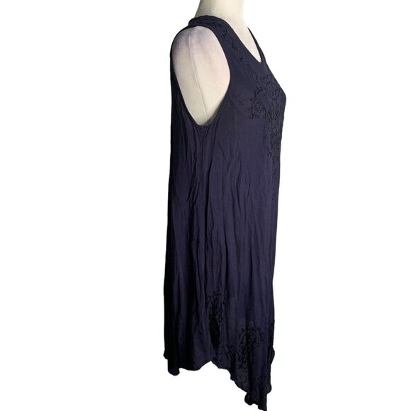 Embroidered Sleeveless Sun Dress S-L Navy Blue Cover Up Rayon Round Hem - Picture 5 of 5